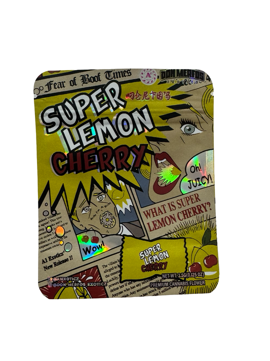 Super Lemon Cherry 3.5g mylar bag, 4×5 in — Don Merfos, holographic + spot-UV, printed gusset — front