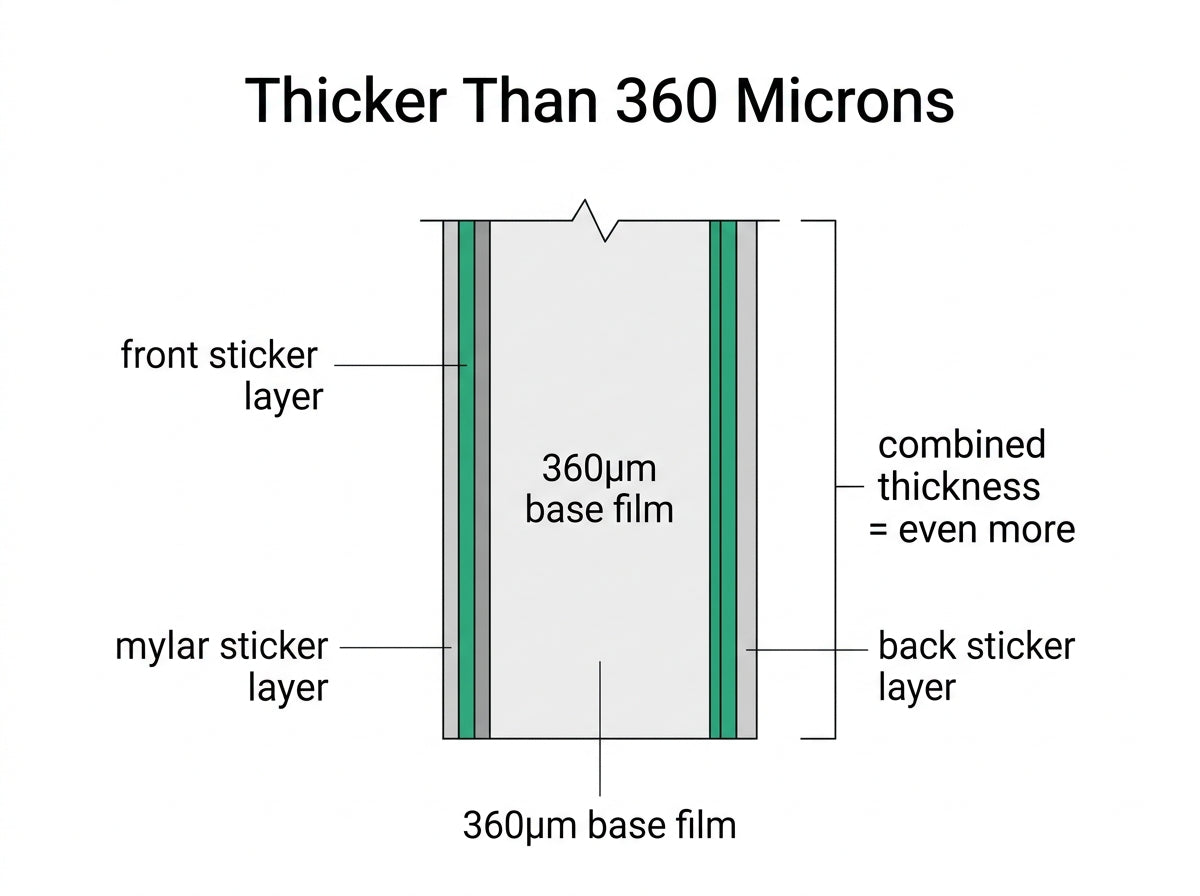 Cross-section diagram of our mylar bag: 360 micron base film with front and back sticker layers on top, resulting in a total thickness greater than 360 microns