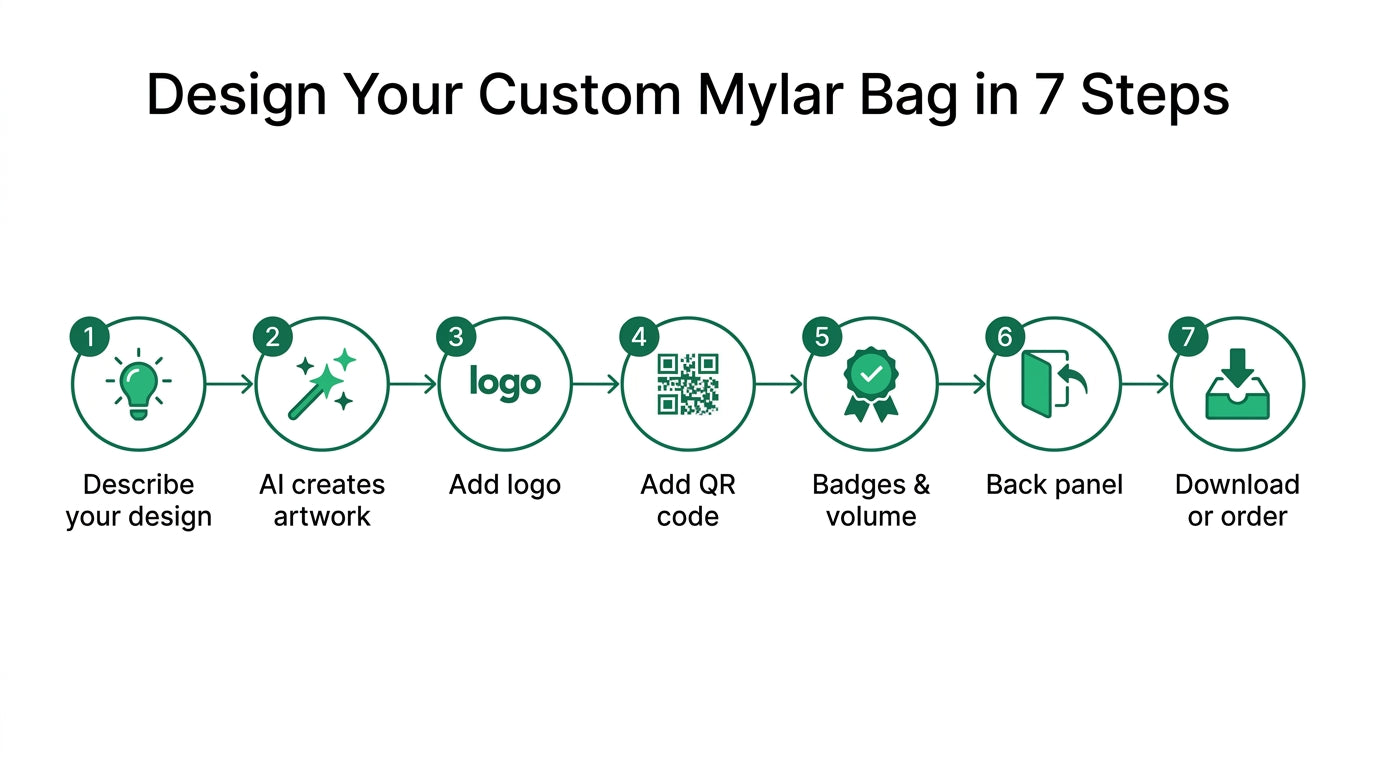 7-step custom mylar bag design process: describe design, AI creates artwork, add logo, add QR code, set badges and volume, back panel, then download or order