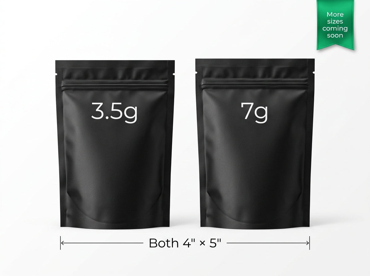Side-by-side comparison of 3.5g and 7g custom mylar bags, both measuring 4 inches by 5 inches